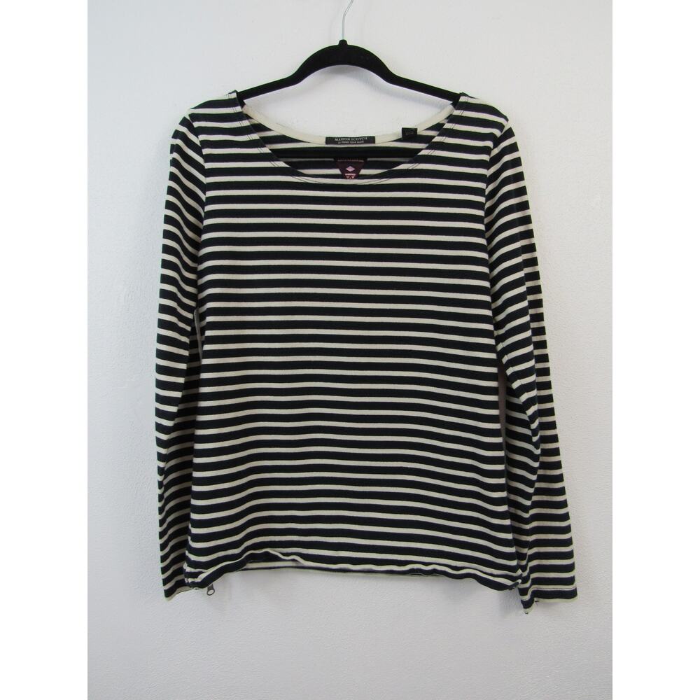 Maison Scotch Striped Long Sleeve Shirt Black White 100% Cotton Size 2-Medium